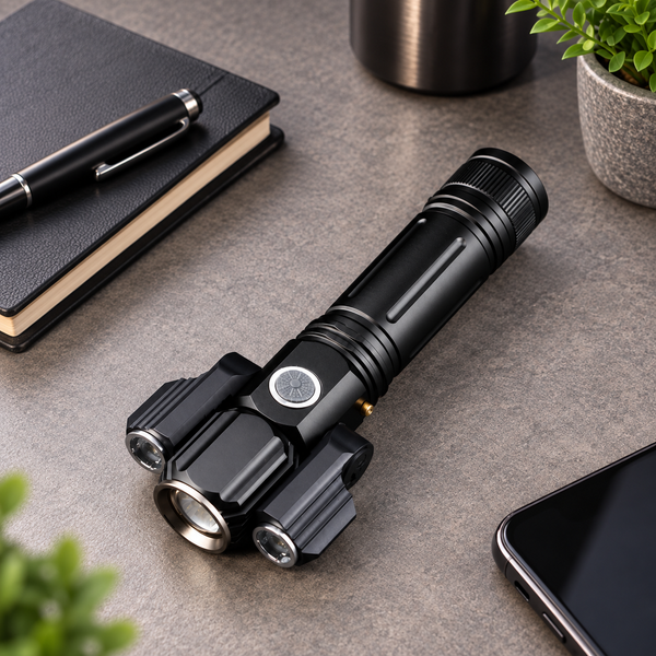 Titanium TriFocus flashlight resting on a desk