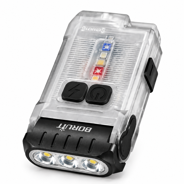 Translucent GlowCore V15 flashlight with side LEDs, buttons and carrying clip