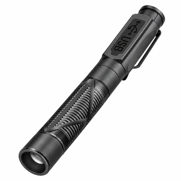 Black PrismPen penlight with pocket clip and side control buttons