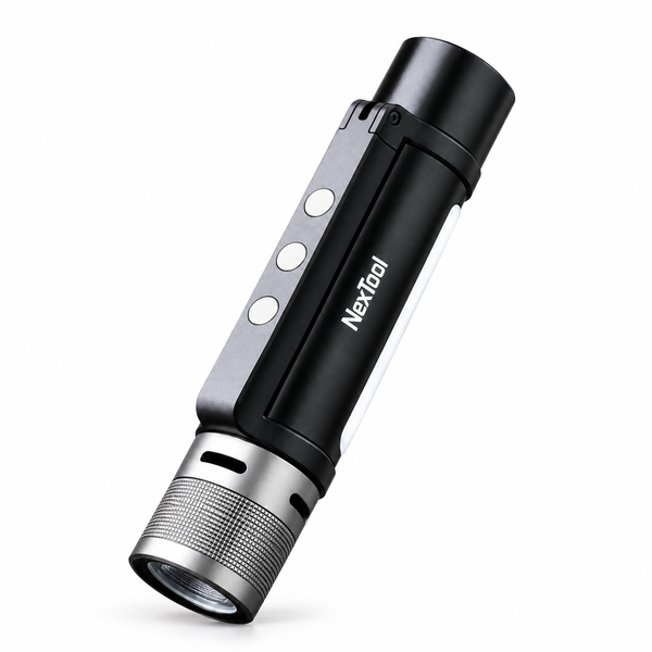 Black and silver NexTool 6-in-1 flashlight with side buttons and light panel