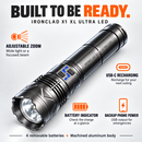 IRONCLAD X1 XL flashlight benefits infographic: adjustable zoom, USB-C recharging, battery indicator, backup phone power and 4 removable batteries