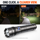 Before and after comparison of a dark garden path versus the same path lit by the IRONCLAD X1 XL flashlight