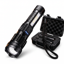 Titanium Laser Pro tactical flashlight with COB side light and USB-C charging next to its open black hard carry case on a white background