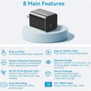 2-in-1 USB charger spy camera showing 8 main features: plug and play, motion detection, loop recording, 1080P HD video and discreet design