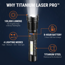 Titanium Laser Pro flashlight benefits infographic: 100,000 lumens, 4 lighting modes, 9-hour battery and titanium steel body