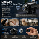 Nano Vision Camera mini WiFi security camera infographic showing use cases for home security, baby monitor, pet monitor and office security, plus magnetic mount and compact discreet design