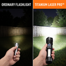 Before and after comparison of an ordinary flashlight versus the Titanium Laser Pro lighting a backyard fence at night