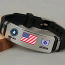 Customized veteran bracelet with American flag, service emblem, service years, rank insignia and name Jackson on a steel plate with black strap