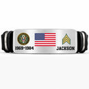 Silver personalized veteran bracelet with American flag, Army emblem, service years 1969-1984, sergeant chevron and name Jackson on a white background