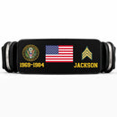 Black personalized veteran bracelet with American flag, Army emblem, service years 1969-1984, sergeant chevron and name Jackson on a white background
