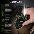Hand holding Echolink compact tactical two-way radio 4G LTE with high-power flashlight activated, showing key specs including satellite connectivity, military frequency support, and power bank function
