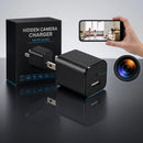 2-in-1 Adapter Spy Camera USB charger with retail packaging box, hidden lens close-up, and a phone showing live HD view of a family living room