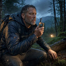 A wet, middle-aged bearded man in a black rain jacket and tactical backpack crouches in a dark, pine forest at night. He holds a two-way radio to his mouth, looking intensely right with a worried expression.