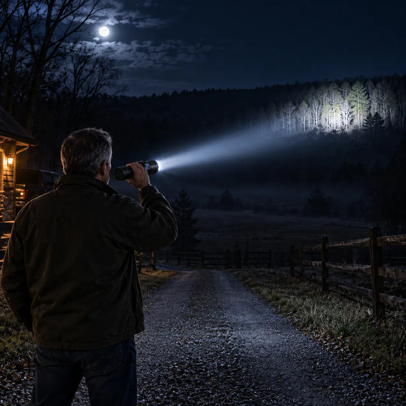 Illustration of a man aiming a flashlight toward a distant tree line at night