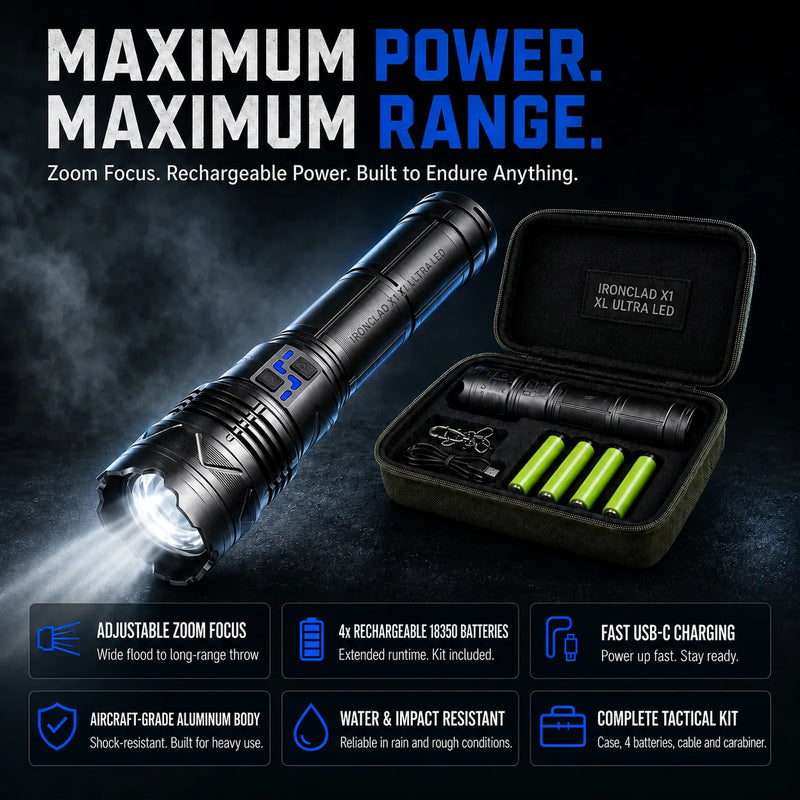 IRONCLAD X1 XL Ultra LED flashlight kit with beam, carrying case, four rechargeable batteries and USB-C charging