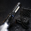 Tactical black aluminum flashlight illuminated on a wet dark surface with a bright beam, side COB light, battery indicator, and open protective hard case in the background