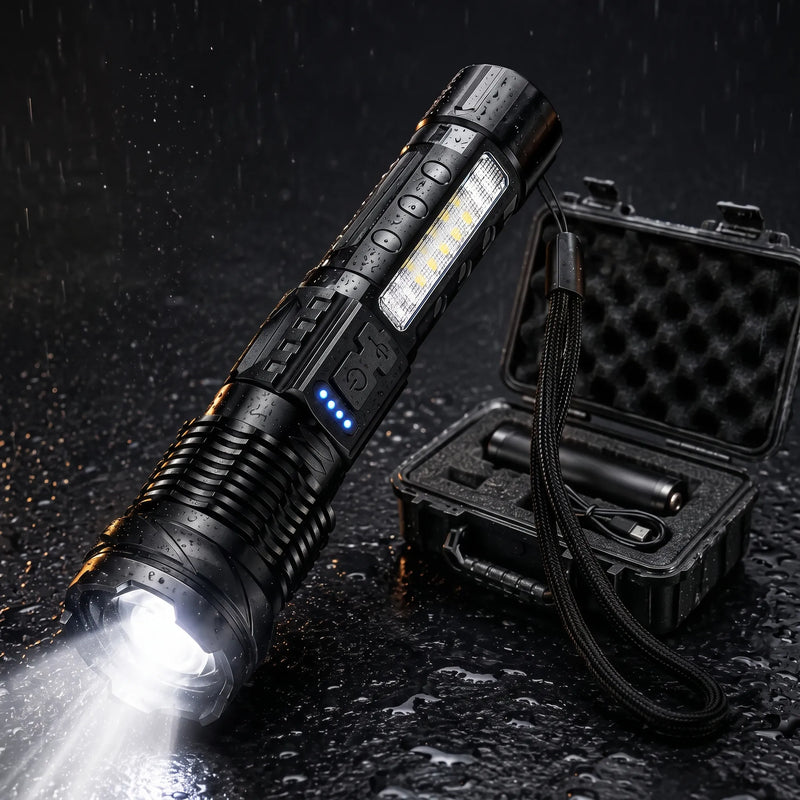Tactical black aluminum flashlight illuminated on a wet dark surface with a bright beam, side COB light, battery indicator, and open protective hard case in the background