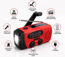 Blackout Survivor Radio features infographic showing hand crank power, solar charging, AM/FM/NOAA weather radio, 1000mAh power bank, bright LED flashlight, emergency alarm, and USB charging