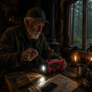 Older man using Blackout Survivor Radio LED flashlight to read a map inside a dark off-grid cabin during a storm