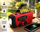 Blackout Survivor Radio charging a smartphone via USB outdoors with solar panel active, showing solar powered, rechargeable, and clean energy features