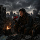 Survivor holding a red Blackout Survivor Radio with LED flashlight active amid post-disaster ruins at night