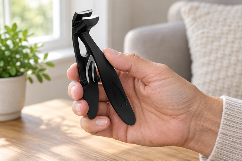 Adult hand holding the clipper's extended curved handle.