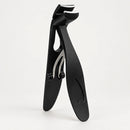 Black angled nail clipper showing curved blades, extended handles and the spring mechanism.