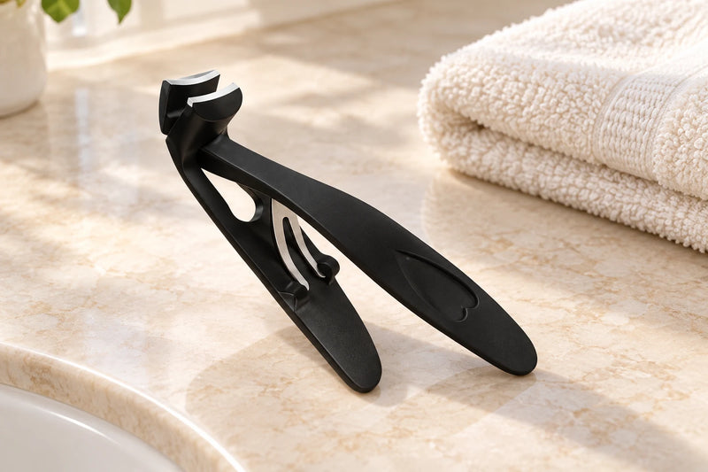 Angled nail clipper on a counter in a home nail-care setting.
