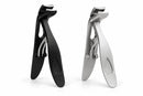 Pair of angled nail clippers in black and silver with extended curved handles on a white background