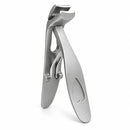 Silver stainless steel angled nail clipper with extended curved handle on a white background