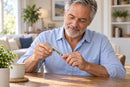 Smiling man at a wooden table trimming his nails with an angled nail clipper in a bright living room