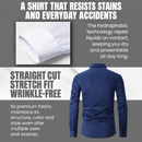 Shirt infographic showing fabric details, stain demonstration and straight-cut styling