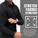Man wearing a black shirt beside an English stretch-fabric graphic