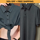 Dark polo shirt promotional graphic with a fabric stretching demonstration
