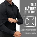 Black long-sleeve shirt infographic highlighting stretch fabric