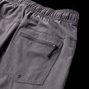 Rear pocket and elastic waistband detail on charcoal Serrano shorts