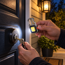Person using the NightClip light beside a doorway at night