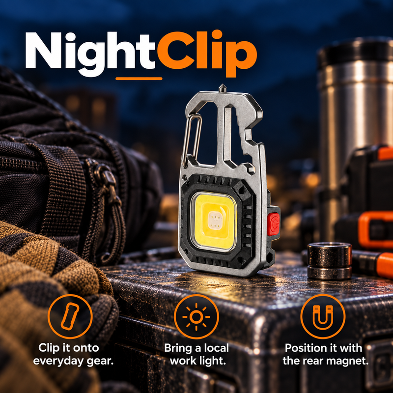 NightClip feature graphic showing the carabiner work light
