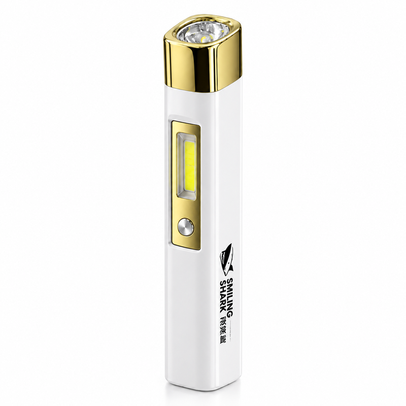 White and gold Mini Shark flashlight with front and side light panels