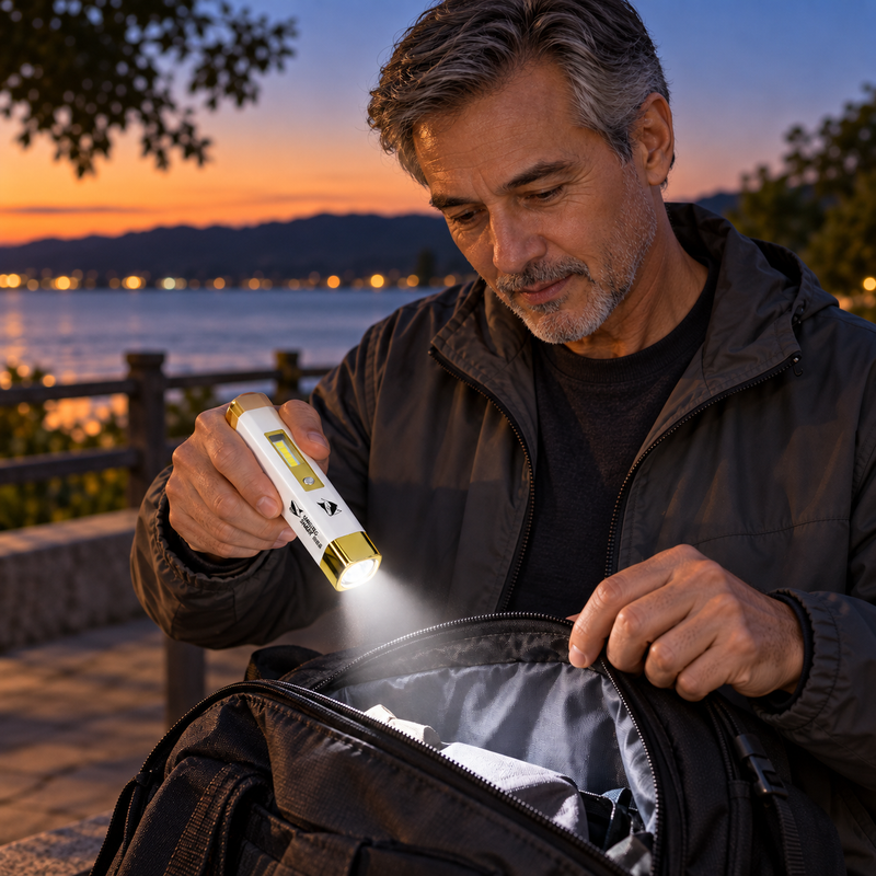 Man using the Mini Shark flashlight over an outdoor bag