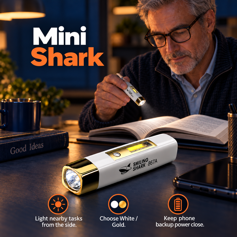 Mini Shark feature graphic showing front and side light use