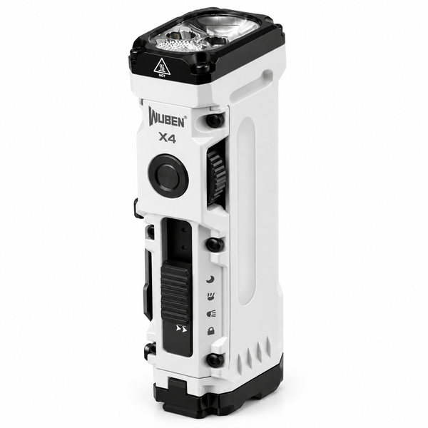 White WUBEN X4 flashlight upright with front lens, side controls and clip