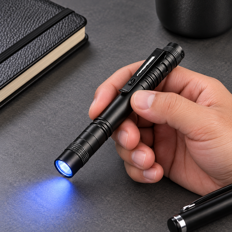 SlimBeam penlight on a desk with a blue beam