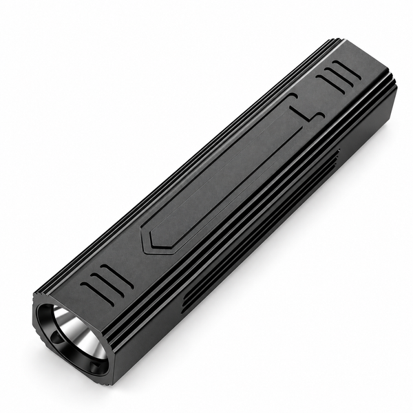 Black rectangular TrailCore flashlight upright on a white background