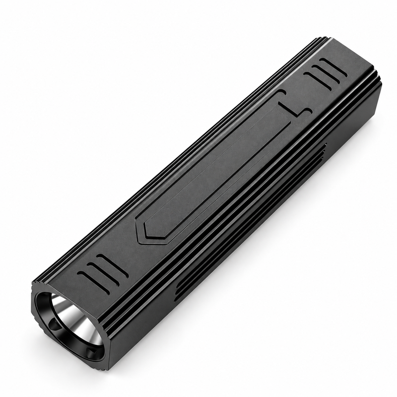 Black rectangular TrailCore flashlight upright on a white background