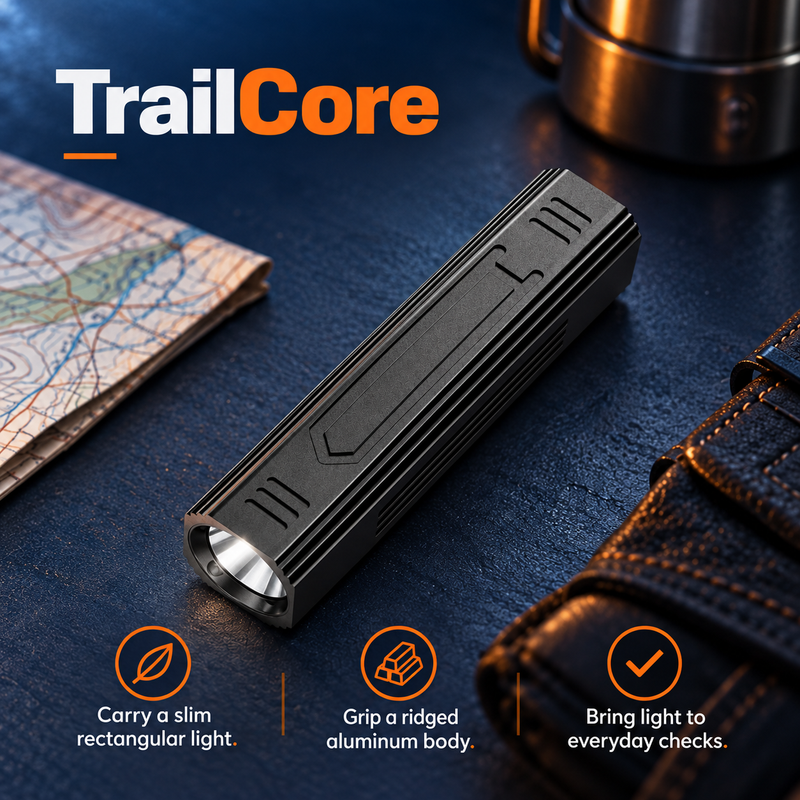 TrailCore flashlight feature graphic with front light switched on