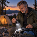 Man using the Titanium TriFocus flashlight at an outdoor campsite