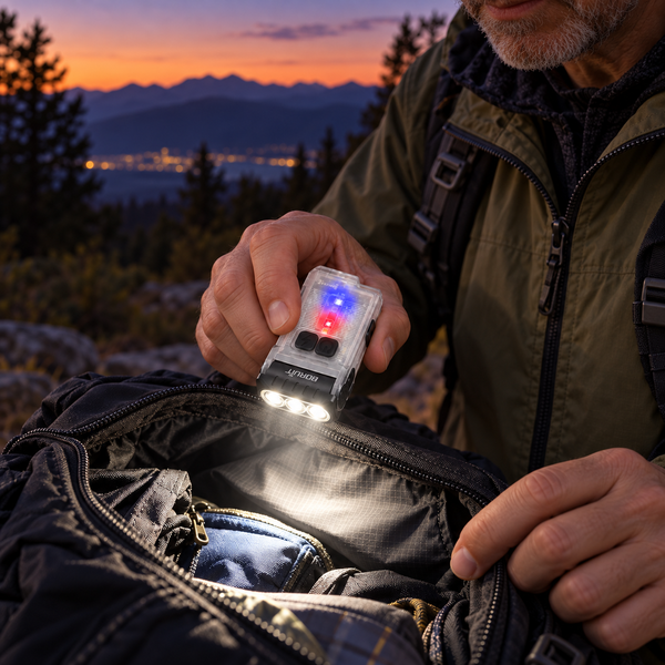 Man using GlowCore V15 to illuminate items outdoors