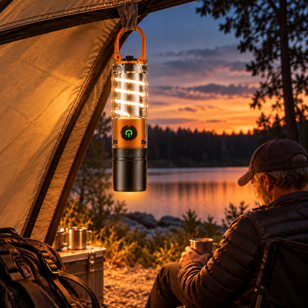 GlowHook X10 hanging inside a tent at sunset