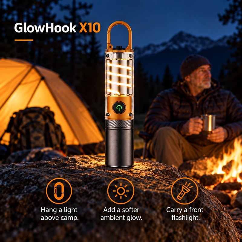 GlowHook X10 feature graphic showing camping lantern use